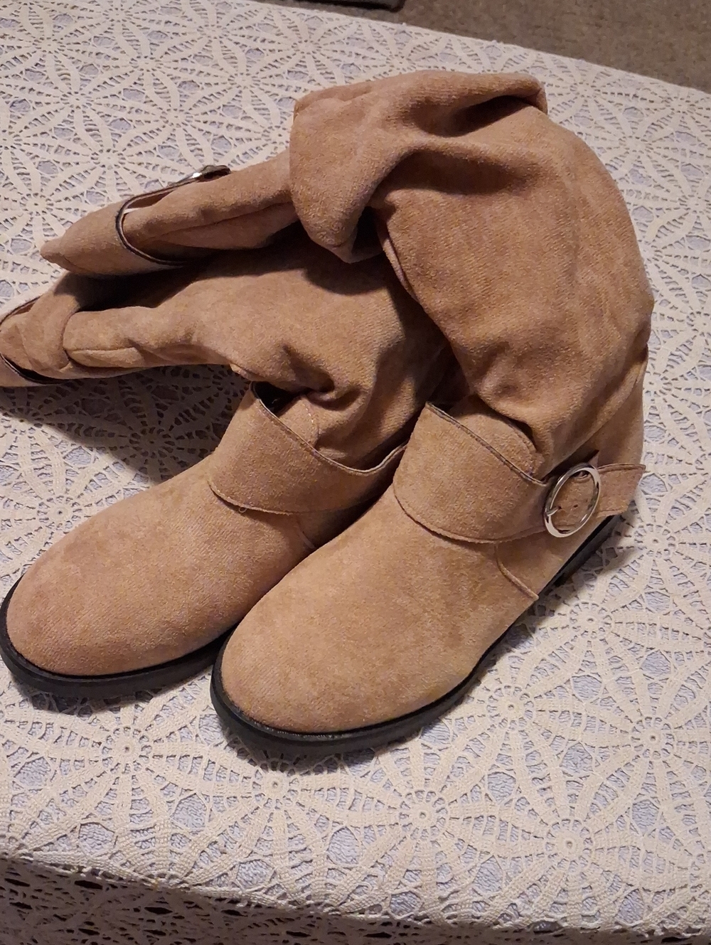 Casual Tan Suede Mid-Calf Heeled Boots with Buckle Strap
